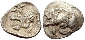 Mysia, Kyzikos (ca 450-400 BC) AR Hemiobol (Silver, 10mm, 0.28g). 
Obv: Forepart of boar left; to right, tunny upward 
Rev: Head of roaring lion left;...