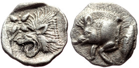 Mysia, Kyzikos (ca 450-400 BC) AR Hemiobol (Silver, 9mm, 0.38) 
Obv: Forepart of boar left; to right, tunny upward 
Rev: Head of roaring lion left; st...