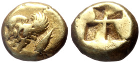 Mysia, Cyzicus EL Hekte (Gold, 2.62g, 11mm) ca 530-480 BC. 
Obv: Winged forepart of boar left. Below, tunny fish downwards left. 
Rev: Quadripartite i...