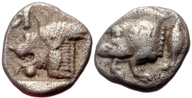 Mysia, Kyzikos AR Obol (Silver, 0.70g, 10mm) ca 450-400 BC
Obv: Forepart of boar left; to right, tunny upward 
Rev: Head of roaring lion left; retrogr...