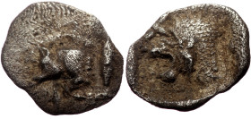 Mysia, Kyzikos (ca 450-400 BC) AR Hemiobol (Silver, 10mm, 0.30g) 
Obv: Forepart of boar left; to right, tunny upward 
Rev: Head of lion left within in...