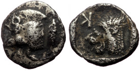Mysia, Kyzikos (ca 525-475 BC) AR Obol (Silver, 10mm, 0,73g)
Forepart of boar left with tall mane and dotted truncation; to right, tunny / Head of roa...