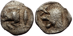 Mysia, Kyzikos (ca 450-400 BC) AR Hemiobol (Silver, 9mm, 0.29g). 
Obv: Forepart of boar left; to right, tunny upward 
Rev: Head of roaring lion left; ...
