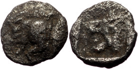 Mysia, Kyzikos (ca 450-400 BC) AR Tetartemorion (Silver, 6mm, 0.23g). 
Obv: Forepart of a boar to left; to right, tunny upward. 
Rev: Head of a lion t...