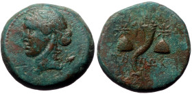 Mysia, Adramytion, AE, (Bronze, 7.54 g 19mm) ca 2nd century BC,
Obv: Laureate head of Apollo left, with bow and arrow over shoulder. 
Rev: [AΔPAMV] / ...