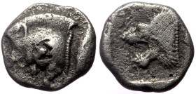 Mysia, Kyzikos AR Hemiobol (Silver, 0.55g, 7mm) ca 450-400 BC. 
Obv: Forepart of boar left; to right, tunny upward.
Rev: Head of roaring lion left; al...