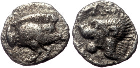 Mysia, Kyzikos AR Hemiobol (Silver, 0.34g, 7mm) 450-400 BC. 
Obv: Forepart of boar right, tunny behind.
Rev: Head of lion left; retrograde K to upper ...