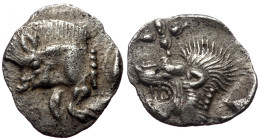 Mysia, Kyzikos AR Hemiobol (Silver, 0.38g, 10mm) ca 450-400 BC.
Obv: Forepart of boar left; to right, tunny upward.
Rev: Head of roaring lion left; st...