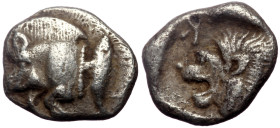 Mysia, Kyzikos AR Hemiobol (Silver,0.77 g 9mm) ca 525-475 BC. 
Obv: Forepart of boar left with tall mane and dotted truncation; to right, tunny.
Rev: ...
