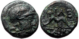 Kings of Pergamon, Philetairos AE, (Bronze, 1.98 g 12mm) 282-263 BC. 
Obv:Helmeted head of Athena right.
Rev: ΦIΛETAIPOY,Bow. 
Ref:BMC 54.