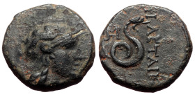 Mysia, Kings of Pergamon, Philetairos,AE, (Bronze, 3.87 g 16mm),ca 200-133 BC.
Obv: Helmeted head of Athena right.
Rev: ΦΙΛΕΤΑΙΡΟΥ. Coiled snake, head...