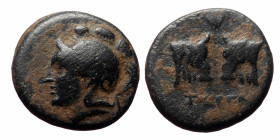 Mysia, Pergamon. AE (Bronze, 4.30 g 17mm) ca 310-282 BC.
Obv: Helmeted and laureate head of Athena left.
Rev: [ΠEΡΓA], Confronted heads of bulls; bee ...
