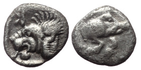 Mysia, Kyzikos AR Hemiobol (Silver, 0.29 g 7mm) 450-400 BC. 
Obv: Forepart of boar right, tunny behind.
Rev: Head of lion left; retrograde K to upper ...