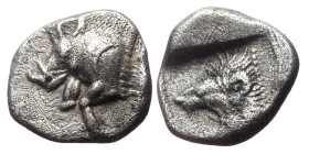*Very Rare*
Mysia, Kyzikos, AR Hemiobol, (Silver, 0.46g, 8mm), ca 450-400 BC. 
Obv: Forepart of boar left, crescent on shoulder; to right, tunny upwar...