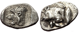 Mysia, Kyzikos (ca 450-400 BC) AR Obol (Silver, 12mm, 0.81g)
Obv: Forepart of boar left; to right, tunny upward 
Rev: Head of roaring lion left within...