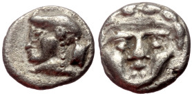 Pisidia, Selge AR Obol (Silver, 0.91g, 9mm) ca 350-300 BC. 
Obv: Facing gorgoneion with protruding tongue 
Rev: Head of Athena to left, wearing creste...