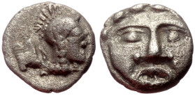 Pisidia, Selge AR Obol (Silver, 0.92g, 10mm) ca 4th century BC.
Obv: Head of gorgoneion facing with flowing hair 
Rev: Head of Athena right, wearing c...