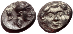 Pisidia, Selge AR Obol (Silver, 0.91g, 9mm) ca 4th century BC.
Obv: Head of gorgoneion facing with flowing hair 
Rev: Head of Athena right, wearing cr...