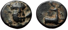 Pisidia, Selge AE (Bronze, 2.04g, 13mm) 2nd-1st century BC
Obv: Bearded facing head of Herakles, wearing wreath of cypress branches.
Rev: ΣE-Λ Forep...