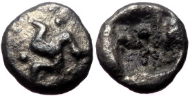 Pamphylia, Aspendos AR Hemiobol, (Silver, 0.73 g 9mm) 5th century BC.
Obv:Triskeles to right. 
Rev: Quadripartite incuse square. 
Ref: Cf. Rosen 392.