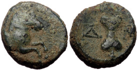 Pamphylia, Aspendos AE (Bronze, 5.39 g 16mm) 4th-3rd centuries BC. 
Obv: Forepart of horse right.
Rev: Δ – M, Sling.
Ref: SNG Copenhagen 253; SNG BN 1...