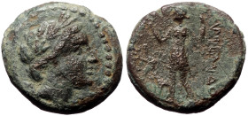 Pamphylia, Perge AE (Bronze, 5.32 g 19mm) 2nd century BC.
Obv: Laureate head of Artemis right, with bow and quiver over shoulder.
Rev: APTEMIΔOΣ / [ΠE...