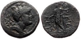 Cilicia, Korykos AE (Bronze, 2.94g, 15mm) ca 100-0 BC 
Obv: Draped bust of Artemis to right, with bow and quiver over shoulder; AN behind 
Rev: KΩΡYKI...
