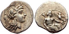 Cilicia, Uncertain AR Obol (Silver, 0.71g, 11mm) 4th century BC
Obv: Helmeted head of Athena right.
Rev: Baaltars seated right on throne, holding eagl...