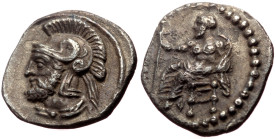 Cilicia, Tarsos AR Obol (0.78g, 11mm) Pharnabazos, Persian military commander (ca 380-377 BC) 
Obv: Baaltars seated left, holding lotus tipped sceptre...