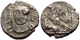 Cilicia, Uncertain AR Obol (Silver, 0.53g, 10mm) 4th century BC. 
Obv: Facing gorgoneion 
Rev: Eagle standing left on back of lion. 
Ref: SNG France –...