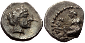 Cilicia, Tarsos, Tiribazos, satrap of Lydia (388-380 BC) AR Obol (Silver, 10mm, 0.66g)
Obv: Female kneeling left, casting astragaloi.
Rev: Head of a y...