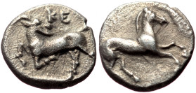 Cilicia, Kelenderis AR (Silver, 0.70g, 9mm) 4th century BC. 
Obv: Horse prancing right. 
Rev: KE Goat kneeling left, its head turned back to right. 
R...