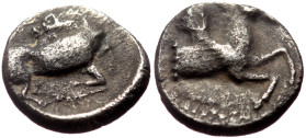 Cilicia, Kelenderis AR Obol (Silver, 9mm, 0.73g) ca 425-400 BC. 
Obv: Forepart of Pegasos to right, with a curved wing. 
Rev: ΚΕΛ Goat kneeling to rig...