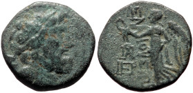 Islands off Cilicia, Elaioussa Sebaste AE (Bronze, 6.38g, 19mm) First Century BC 
Obv: Laureate head of Zeus right wearing taenia 
Rev: Nike walking l...