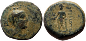 Cilicia, Korykos AE (Bronze, 5.97g, 20mm) 1st century BC
Obv: Draped bust of Artemis right, bow and quiver over shoulder; monogram behind.
Rev: HP TAP...