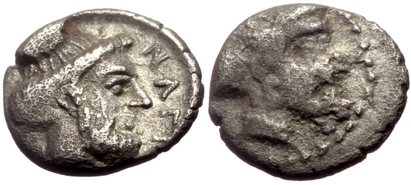 Cilicia, Nagidos AR Obol (Silver, 0.69g, 9.5mm) ca 400-380 BC. 
Obv: Bearded hea...