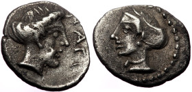 Cilicia, Nagidos, AR Obol, (Silver, 0.51 g 10mm), ca 400-380 BC.
Obv: [N]AΓI, Bearded head of Dionysos to right.
Rev: Head of Aphrodite to left, hair ...