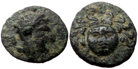 Cilicia, Mallos AE (Bronze, 12mm, 1.10g) 4th century BC 
Obv: ΠΥ. Head of river god Pyramos right, wearing grain wreath. 
Rev: ΜΑΛ. Facing gorgoneion....