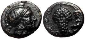 Cilicia, Soloi AE (Bronze, 2.00g, 13mm) 4th century BC
Obv: Helmeted head of Athena right 
Rev: Grape bunch; star to left, owl to right. 
Cf. SNG Fran...