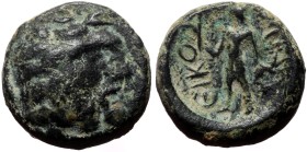 Lycaonia, Eikonion AE (Bronze, 4.89g, 15mm) 1st century BC
Obv: Laureate head of Zeus right.
Rev: ЄIKONIЄωN, Perseus standing left, holding harpa an...