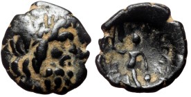 Lycaonia, Eikonion AE (Bronze, 2.79g, 16mm) (1st century BC).
Obv: Laureate head of Zeus right.
Rev: ЄIKONIЄωN.
Perseus standing left, holding harp...