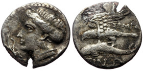 Paphlagonia, Sinope AR Drachm (Silver, 4.57g, 20mm) in name of satrap Sysinas ca 365-322 BC 
Obv: Head of nymph l., hair caught up in sphendone; in l....