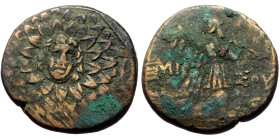 Pontos, Amisos (Temp Mithradates VI, ca 105-90 or 90-85 BC) AE (Bronze, 6.83g, 20mm)
Obv: Aegis facing.
Rev: AMIΣOY, Nike advancing right with shoulde...