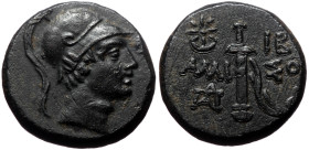 Pontos, Amisos. AE, (Bronze, 8.66 g 19mm),Time of Mithradates VI Eupator, ca 105-90 or 90-85 BC. 
Obv: Helmeted head of Athena right.
Rev: AMI – ΣO[Y]...