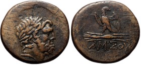 Pontos, Amisos. Ae,(Bronze, 19.42 g 30mm), ca 111-105 or 95-90 BC. Time of Mithradates VI Eupator.
Obv: Laureate head of Zeus right.
Rev: AMIΣOY.Eag...