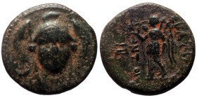 Seleukid Kings of Syria, Antiochos I Soter (281-261 BC) AE (Bronze, 14mm, 2.24g) Smyrna or Sardes. 
Obv: Facing bust of Athena, wearing triple-crested...