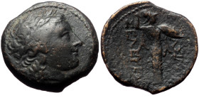 Seleukid King of Syria, Seleukos I Nikator AE (Bronze, 7.22 g 20mm), 312-281 BC. Antioch on the Orontes.
Obv: Laureate head of Apollo right.
Rev: [BAΣ...