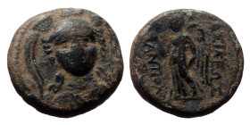 Seleukid King of Syria, Antiochos I Soter, AE,(Bronze, 2.88 g 15mm), 281-261 BC. Smyrna or Sardes.
Obv: Helmeted head of Athena facing.
Rev: ΒΑΣΙΛΕΩΣ ...