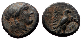 Seleukid King of Syria, Achaios, AE,(Bronze, 6.48 g 19mm), 220-214 BC. Sardes.
Obv: Laureate head of Apollo right.
Rev: BAΣIΛEΩΣ / AXAIOY. Eagle stand...