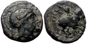 *Scarce* Achaemenid Empire, Astyra, Tissaphernes, AE,(Bronze,0.79 g 9mm), Satrap of Mysia, 400-395 BC. 
Obv: Helmeted head of Athena right.
Rev: ΤΙΣΣΑ...